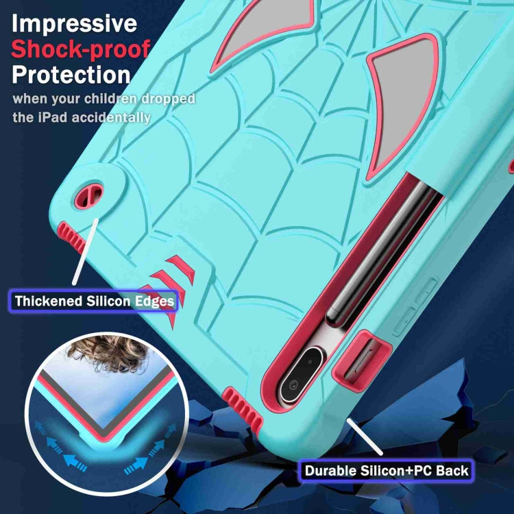 For Samsung Galaxy Tab S7 FE / S7+ / S8+ Spider Texture Silicone Hybrid PC Tablet Case with Shoulder Strap(Mint Green + Rose Red) by buy2fix