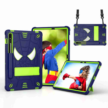 For Samsung Galaxy Tab S7 / S8 Spider Texture Silicone Hybrid PC Tablet Case with Shoulder Strap(Navy Blue + Yellow Green) by buy2fix