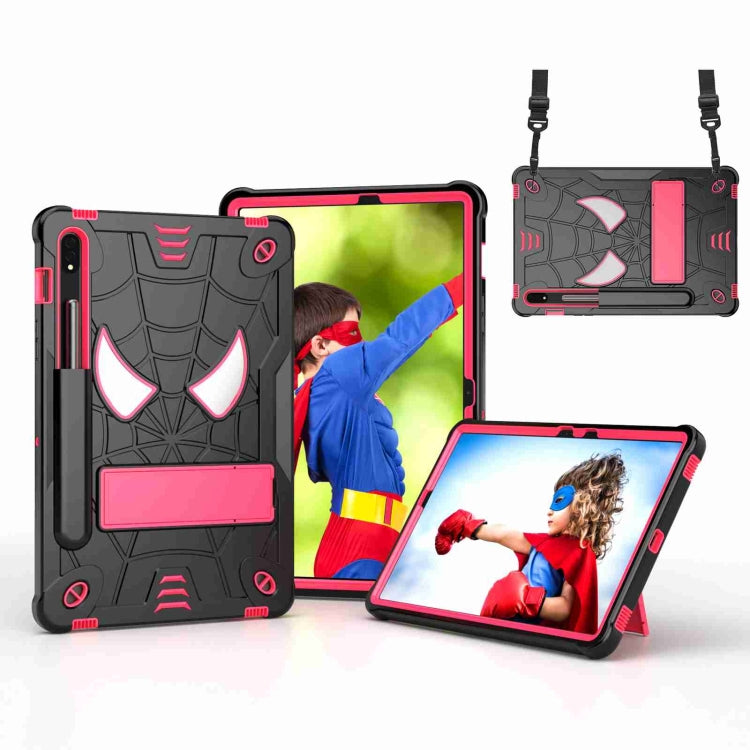 For Samsung Galaxy Tab S7 / S8 Spider Texture Silicone Hybrid PC Tablet Case with Shoulder Strap(Black + Rose Red) by buy2fix