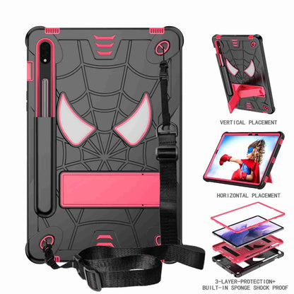 For Samsung Galaxy Tab S7 / S8 Spider Texture Silicone Hybrid PC Tablet Case with Shoulder Strap(Black + Rose Red) by buy2fix