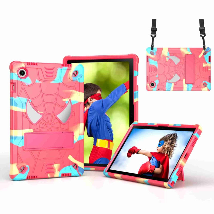 For Samsung Galaxy Tab A8 10.5 2021 Spider Texture Silicone Hybrid PC Tablet Case with Shoulder Strap(Camouflage + Rose Red) - Other Galaxy Tab PC by buy2fix | Online Shopping UK | buy2fix