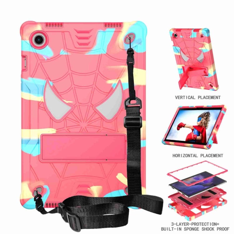 For Samsung Galaxy Tab A8 10.5 2021 Spider Texture Silicone Hybrid PC Tablet Case with Shoulder Strap(Camouflage + Rose Red) - Other Galaxy Tab PC by buy2fix | Online Shopping UK | buy2fix