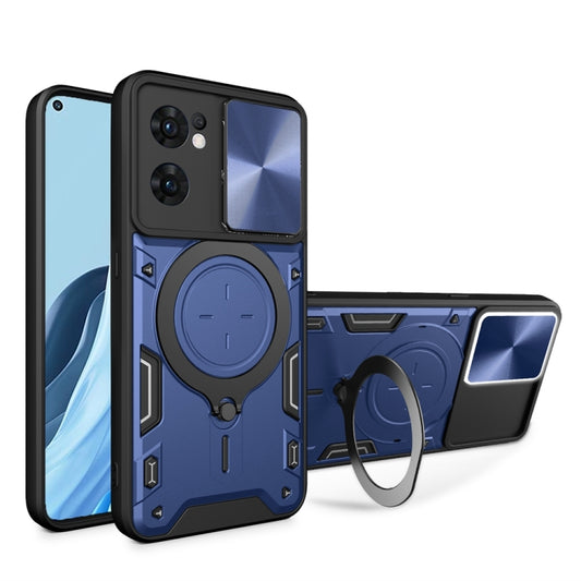 For OPPO Reno7 5G CD Texture Sliding Camshield Magnetic Holder Phone Case(Blue) - OPPO Cases by buy2fix | Online Shopping UK | buy2fix