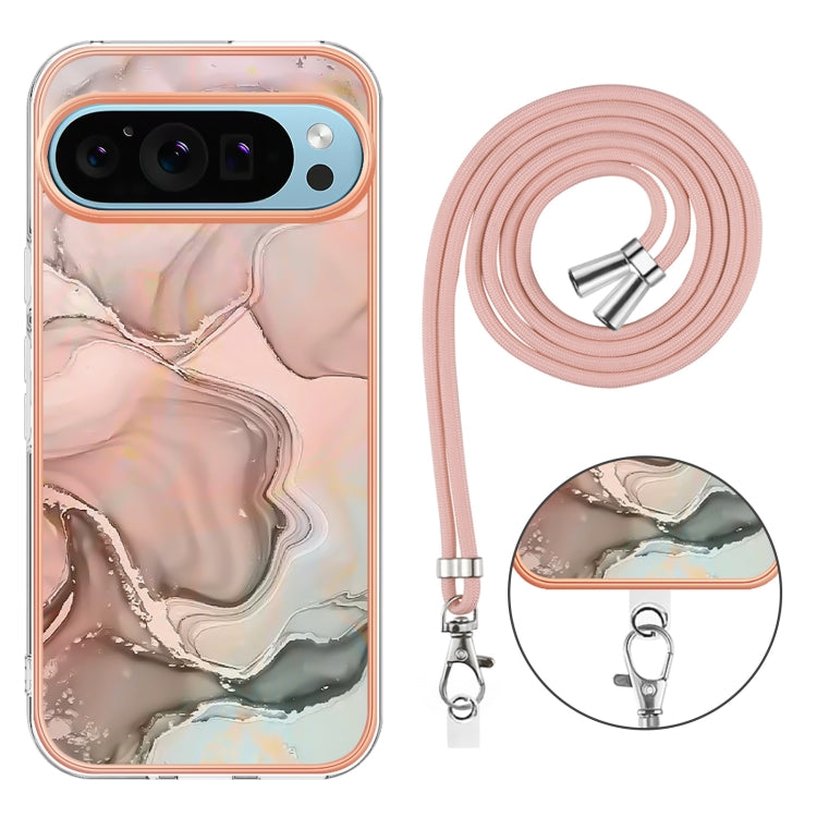 For Google Pixel 9 / 9 Pro Electroplating Marble Dual-side IMD Phone Case with Lanyard(Rose Gold 015) - Google Cases by buy2fix | Online Shopping UK | buy2fix