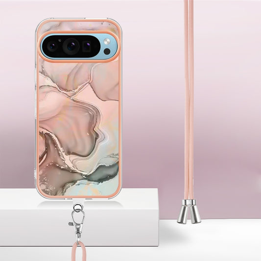 For Google Pixel 9 Pro XL Electroplating Marble Dual-side IMD Phone Case with Lanyard(Rose Gold 015) by buy2fix
