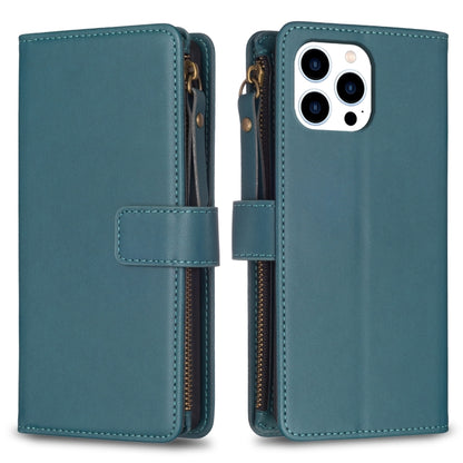 For iPhone 16 Pro Max 9 Card Slots Zipper Wallet Leather Flip Phone Case(Green) - iPhone 16 Pro Max Cases by buy2fix | Online Shopping UK | buy2fix