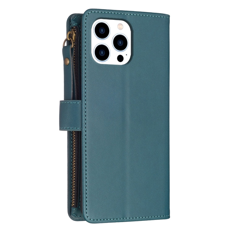 For iPhone 16 Pro 9 Card Slots Zipper Wallet Leather Flip Phone Case(Green) - iPhone 16 Pro Cases by buy2fix | Online Shopping UK | buy2fix