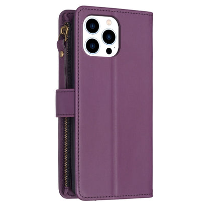 For iPhone 16 Pro 9 Card Slots Zipper Wallet Leather Flip Phone Case(Dark Purple) - iPhone 16 Pro Cases by buy2fix | Online Shopping UK | buy2fix