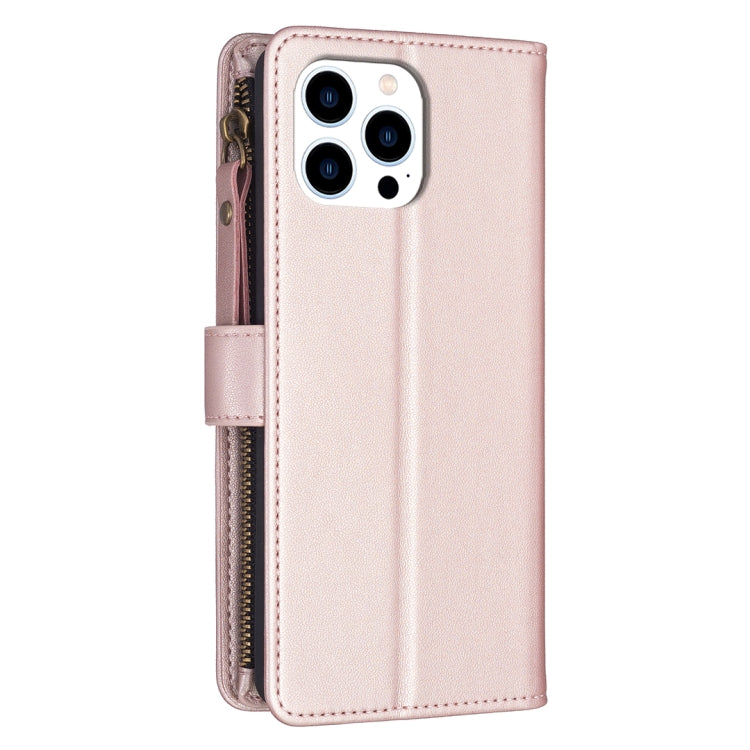 For iPhone 16 Pro 9 Card Slots Zipper Wallet Leather Flip Phone Case(Rose Gold) - iPhone 16 Pro Cases by buy2fix | Online Shopping UK | buy2fix