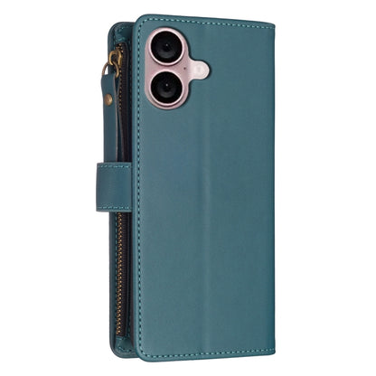 For iPhone 16 Plus 9 Card Slots Zipper Wallet Leather Flip Phone Case(Green) - iPhone 16 Plus Cases by buy2fix | Online Shopping UK | buy2fix