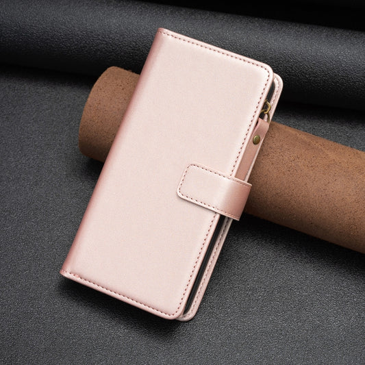 For iPhone 16 Plus 9 Card Slots Zipper Wallet Leather Flip Phone Case(Rose Gold) by buy2fix