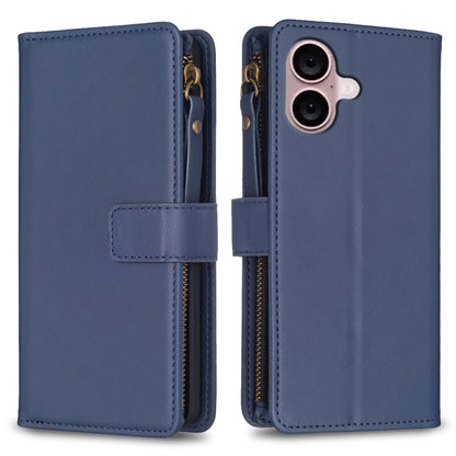 For iPhone 16 9 Card Slots Zipper Wallet Leather Flip Phone Case(Blue) - iPhone 16 Cases by buy2fix | Online Shopping UK | buy2fix