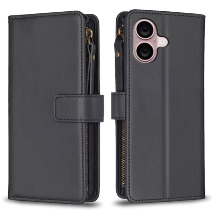 For iPhone 16 9 Card Slots Zipper Wallet Leather Flip Phone Case(Black) - iPhone 16 Cases by buy2fix | Online Shopping UK | buy2fix