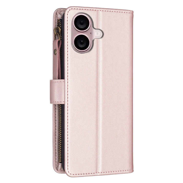 For iPhone 16 9 Card Slots Zipper Wallet Leather Flip Phone Case(Rose Gold) - iPhone 16 Cases by buy2fix | Online Shopping UK | buy2fix