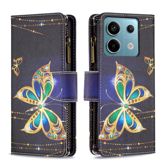 For Xiaomi Redmi Note 13 Pro 5G Colored Drawing Pattern Zipper Leather Phone Case(Gold Butterfly)