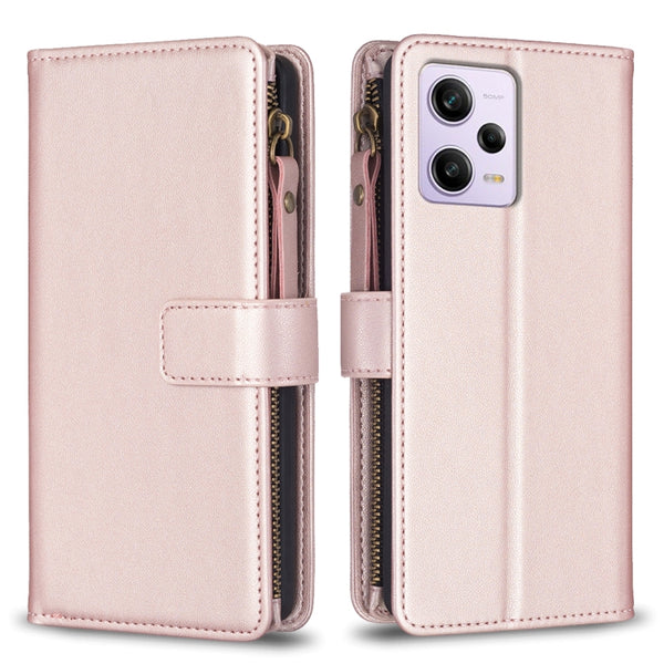For Xiaomi Redmi Note 12 Pro 9 Card Slots Zipper Wallet Leather Flip Phone Case(Rose Gold) by buy2fix