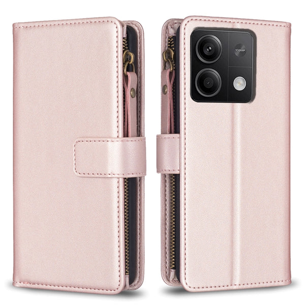 For Xiaomi Redmi Note 13 4G Global 9 Card Slots Zipper Wallet Leather Flip Phone Case(Rose Gold) by buy2fix