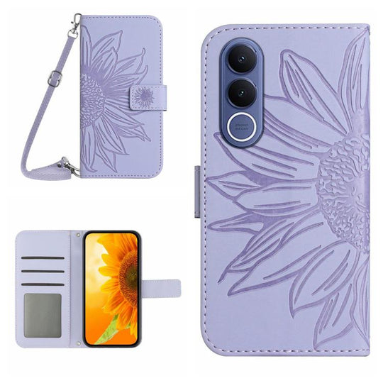 For vivo V70 FE 5G Skin Feel Sun Flower Embossed Flip Leather Phone Case with Lanyard(Purple)