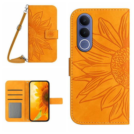 For vivo V70 FE 5G Skin Feel Sun Flower Embossed Flip Leather Phone Case with Lanyard(Yellow)