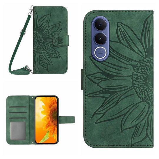 For vivo V70 FE 5G Skin Feel Sun Flower Embossed Flip Leather Phone Case with Lanyard(Green)