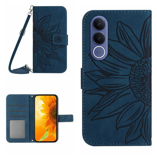 For vivo V70 FE 5G Skin Feel Sun Flower Embossed Flip Leather Phone Case with Lanyard(Inky Blue)