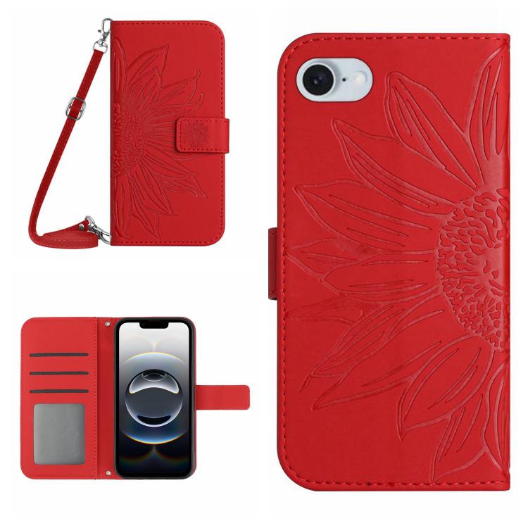 For iPhone 16e Skin Feel Sun Flower Embossed Flip Leather Phone Case with Lanyard(Red) by buy2fix