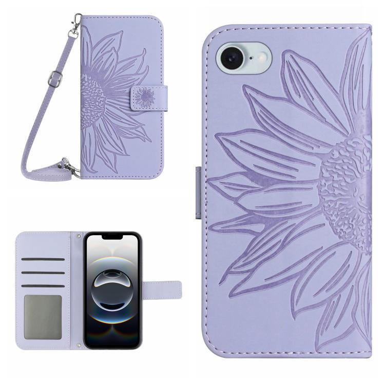For iPhone 16e Skin Feel Sun Flower Embossed Flip Leather Phone Case with Lanyard(Purple) by buy2fix