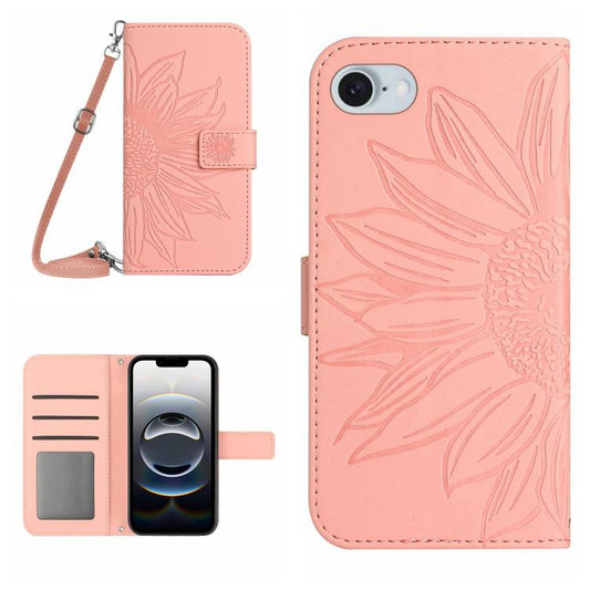 For iPhone 16e Skin Feel Sun Flower Embossed Flip Leather Phone Case with Lanyard(Pink) by buy2fix