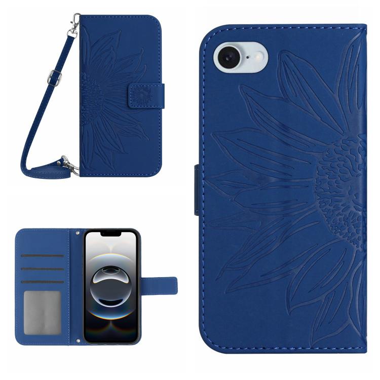 For iPhone 16e Skin Feel Sun Flower Embossed Flip Leather Phone Case with Lanyard(Dark Blue) by buy2fix