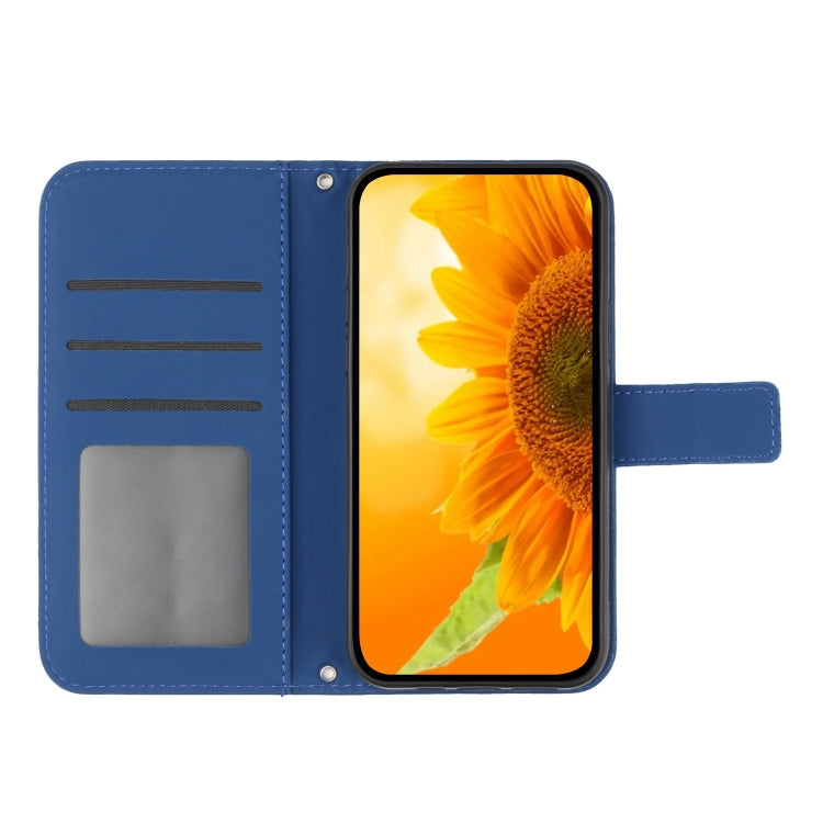 For iPhone 16e Skin Feel Sun Flower Embossed Flip Leather Phone Case with Lanyard(Dark Blue) by buy2fix