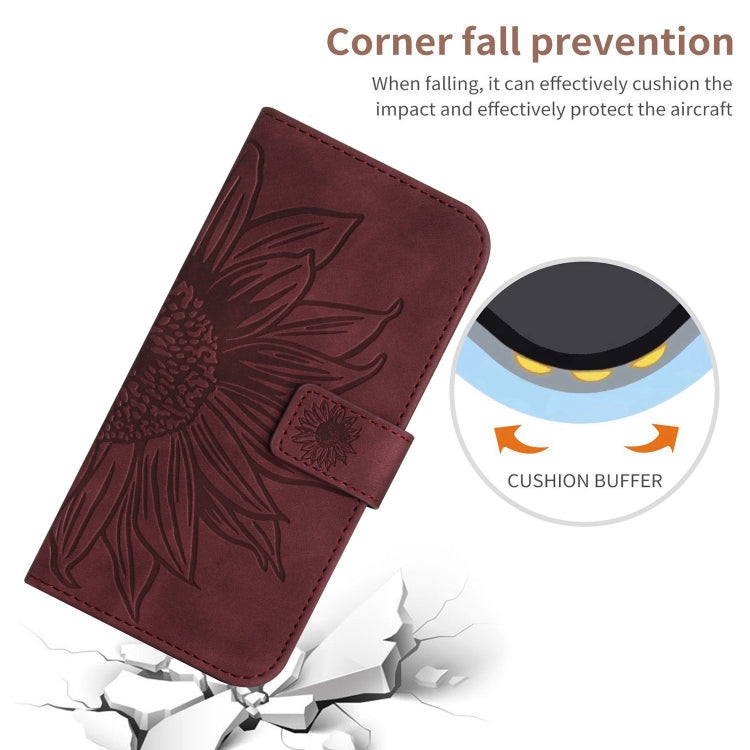 For iPhone 16e Skin Feel Sun Flower Embossed Flip Leather Phone Case with Lanyard(Wine Red) by buy2fix