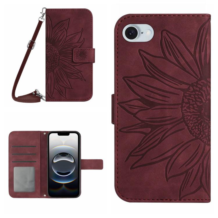 For iPhone 16e Skin Feel Sun Flower Embossed Flip Leather Phone Case with Lanyard(Wine Red) by buy2fix