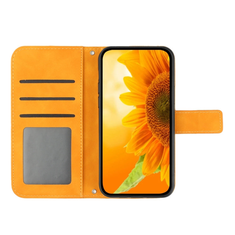 For iPhone 16e Skin Feel Sun Flower Embossed Flip Leather Phone Case with Lanyard(Yellow) by buy2fix