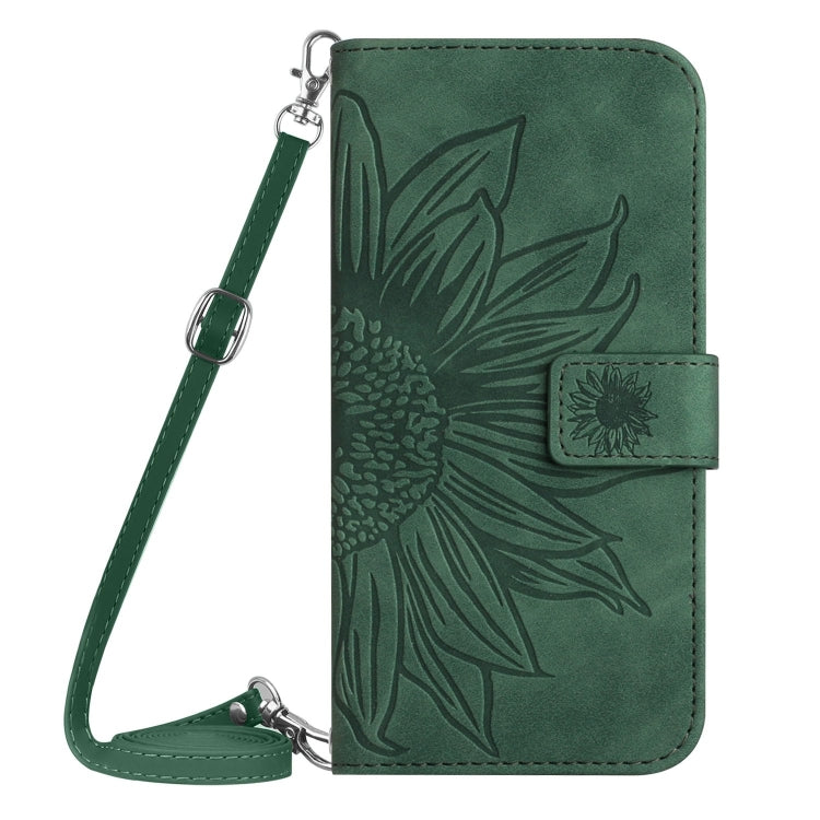 For iPhone 16e Skin Feel Sun Flower Embossed Flip Leather Phone Case with Lanyard(Green) by buy2fix