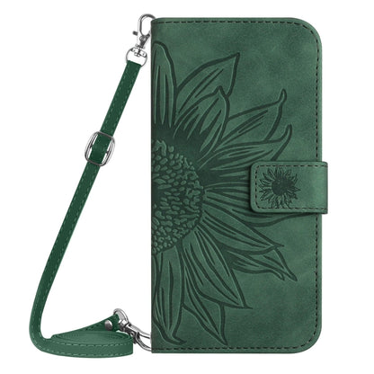 For iPhone 16e Skin Feel Sun Flower Embossed Flip Leather Phone Case with Lanyard(Green) by buy2fix