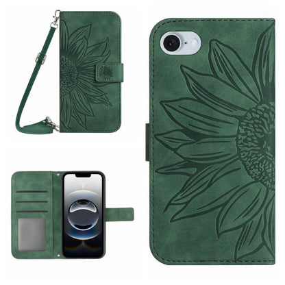 For iPhone 16e Skin Feel Sun Flower Embossed Flip Leather Phone Case with Lanyard(Green) by buy2fix