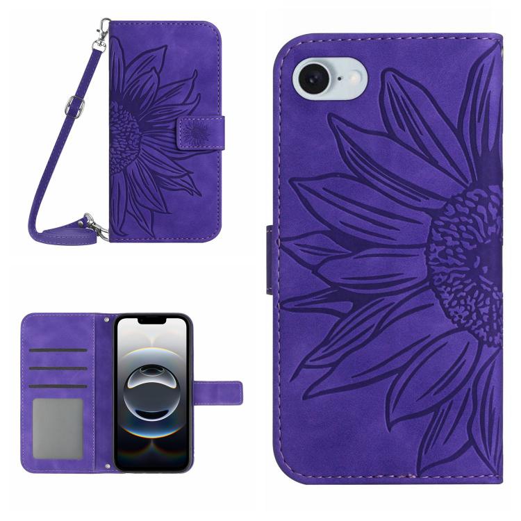 For iPhone 16e Skin Feel Sun Flower Embossed Flip Leather Phone Case with Lanyard(Dark Purple) by buy2fix