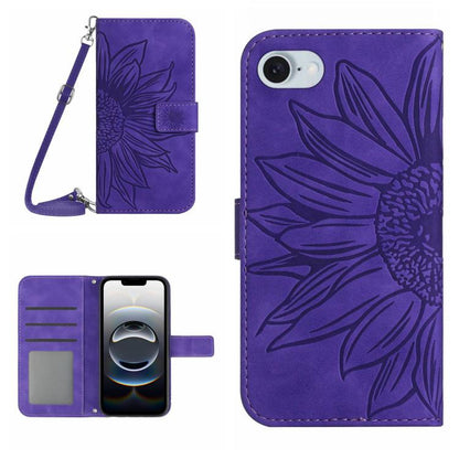 For iPhone 16e Skin Feel Sun Flower Embossed Flip Leather Phone Case with Lanyard(Dark Purple) by buy2fix
