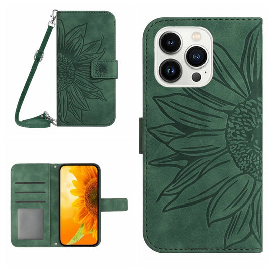 For iPhone 16 Pro Max Skin Feel Sun Flower Embossed Flip Leather Phone Case with Lanyard(Green)