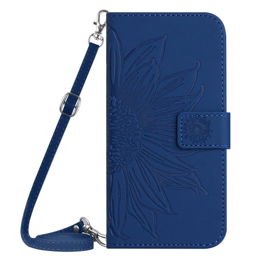 For iPhone 16 Pro Skin Feel Sun Flower Embossed Flip Leather Phone Case with Lanyard(Dark Blue) by buy2fix