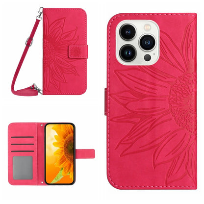 For iPhone 16 Pro Skin Feel Sun Flower Embossed Flip Leather Phone Case with Lanyard(Rose Red) - iPhone 16 Pro Cases by buy2fix | Online Shopping UK | buy2fix