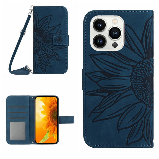 For iPhone 16 Pro Skin Feel Sun Flower Embossed Flip Leather Phone Case with Lanyard(Inky Blue) - iPhone 16 Pro Cases by buy2fix | Online Shopping UK | buy2fix