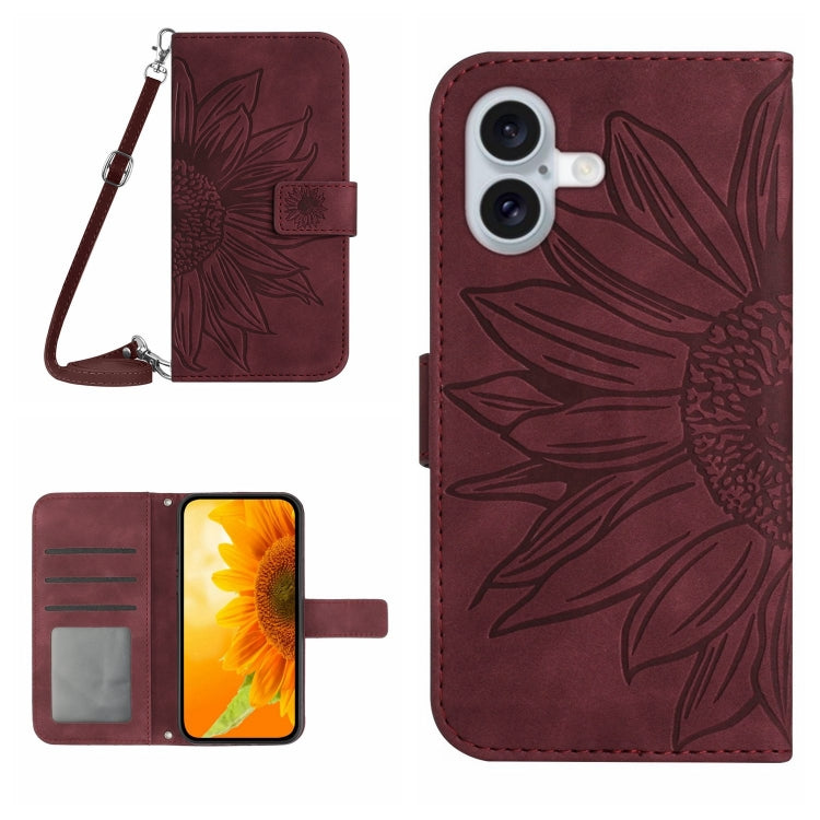 For iPhone 16 Plus Skin Feel Sun Flower Embossed Flip Leather Phone Case with Lanyard(Wine Red) - iPhone 16 Plus Cases by buy2fix | Online Shopping UK | buy2fix