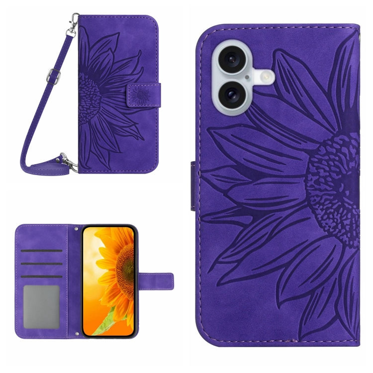 For iPhone 16 Plus Skin Feel Sun Flower Embossed Flip Leather Phone Case with Lanyard(Dark Purple) - iPhone 16 Plus Cases by buy2fix | Online Shopping UK | buy2fix