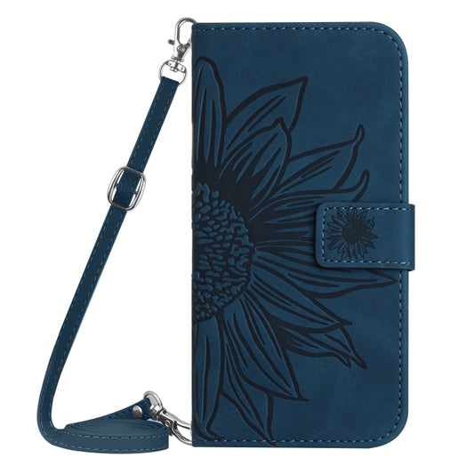 For iPhone 16 Skin Feel Sun Flower Embossed Flip Leather Phone Case with Lanyard(Inky Blue) by buy2fix
