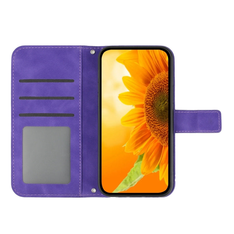 For iPhone 16 Skin Feel Sun Flower Embossed Flip Leather Phone Case with Lanyard(Dark Purple) - iPhone 16 Cases by buy2fix | Online Shopping UK | buy2fix