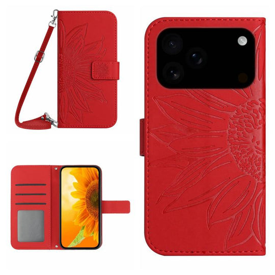 For iPhone 18 Pro / 17 Pro Skin Feel Sun Flower Embossed Flip Leather Phone Case with Lanyard(Red)