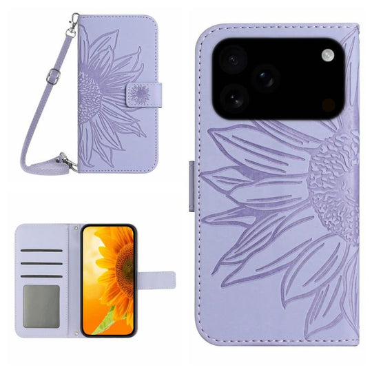 For iPhone 18 Pro / 17 Pro Skin Feel Sun Flower Embossed Flip Leather Phone Case with Lanyard(Purple)