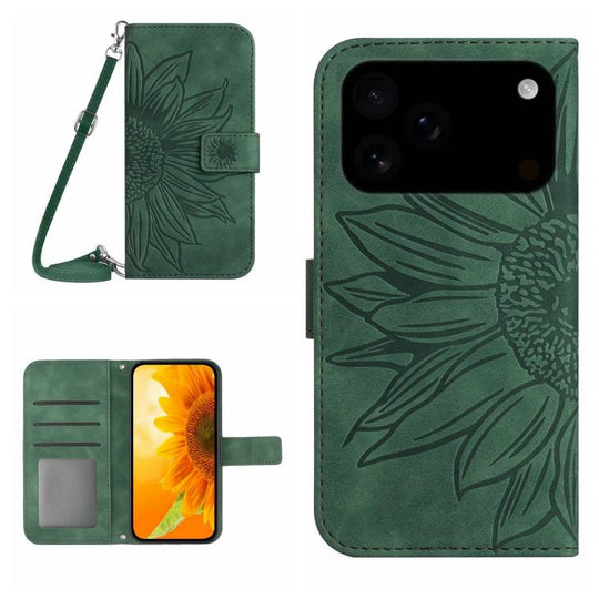 For iPhone 18 Pro / 17 Pro Skin Feel Sun Flower Embossed Flip Leather Phone Case with Lanyard(Green)