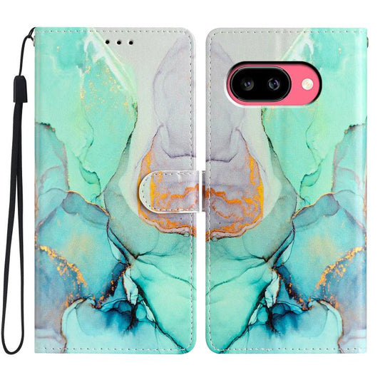 For Google Pixel 9a Colored Drawing Leather Phone Case(Green Marble)